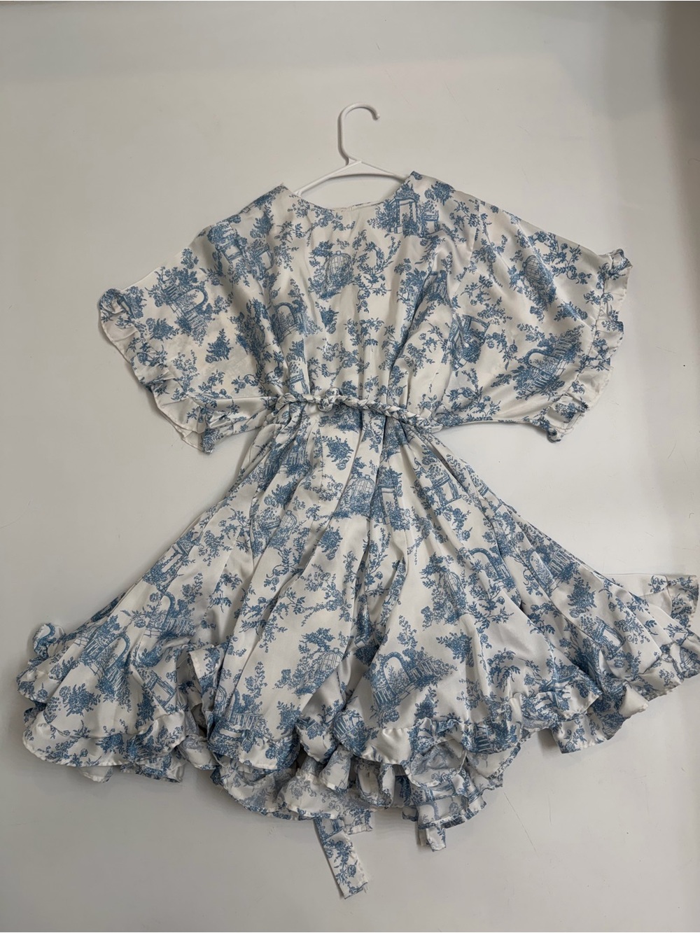 Storia Blue White Toile Print Ruffle Mini Dress Cottagecore Coastal Small
